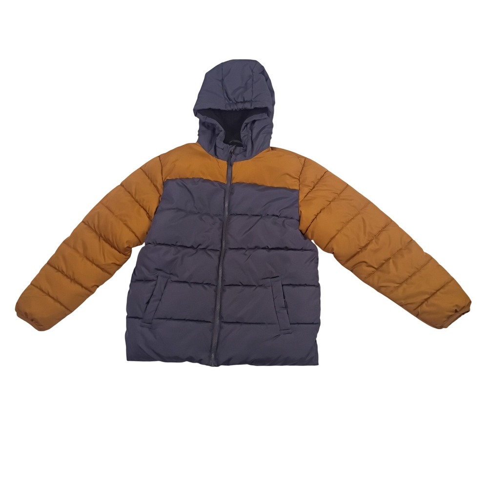 SwissTech Boys Puffer Jacket Blue Brown Colorblock Hooded Fleece Lined L 10-12
